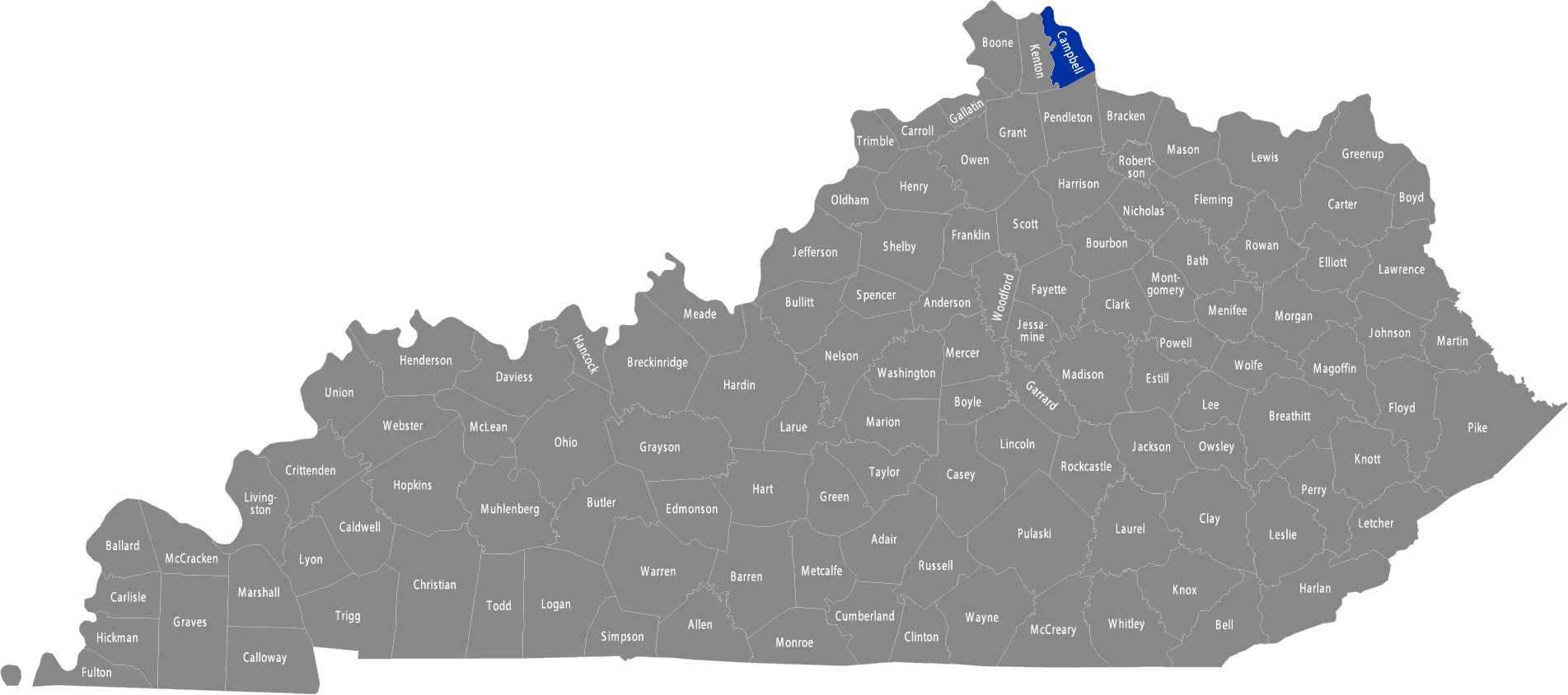 Kentucky map with Campbell county highlighted in blue