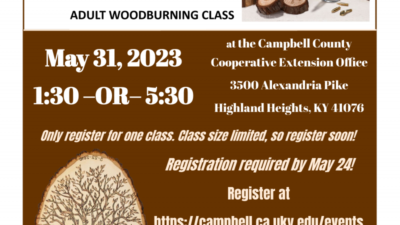 Learn to Burn Adult Woodburning Class - May 31, 2023 - 1:30 or 5:30 - at the Campbell County Cooperative Extension Office, 3500 Alexandria Pike, Highland Heights, KY 41076
